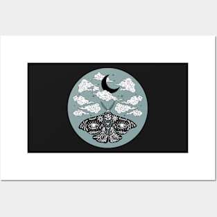 Moth Moon and Clouds Teal Posters and Art